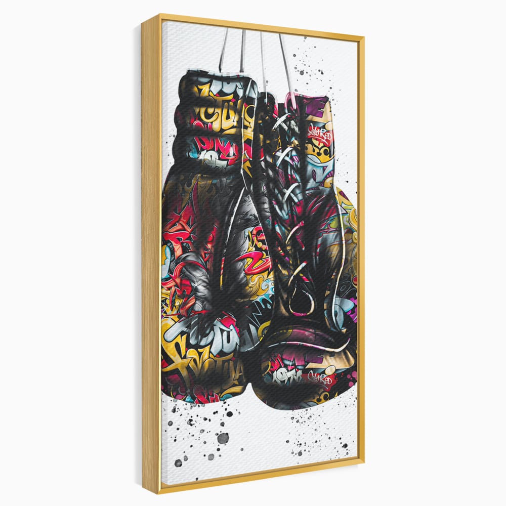 Tablou canvas cu tablou canvas cu manusi de box, in rama de aluminiu auriu
